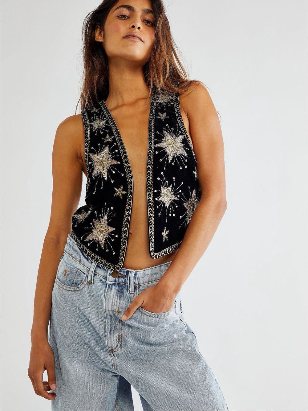 Free People Black stargaze celestial Velvet Star Embellished beaded Vest - Picture 2 of 7